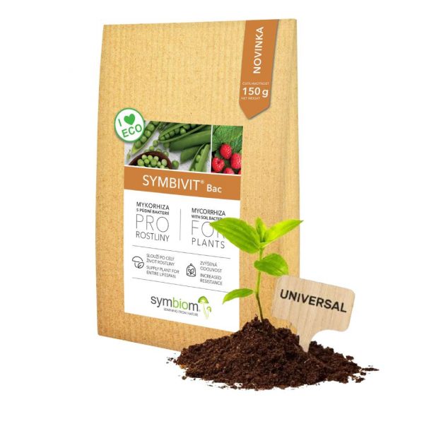 Symbivit bac - univerzálna mykoríza | záhradníctvo garden team Bag of symbivit bac plant fertilizer with a sprouting seedling soil mound and a wooden universal marker in front