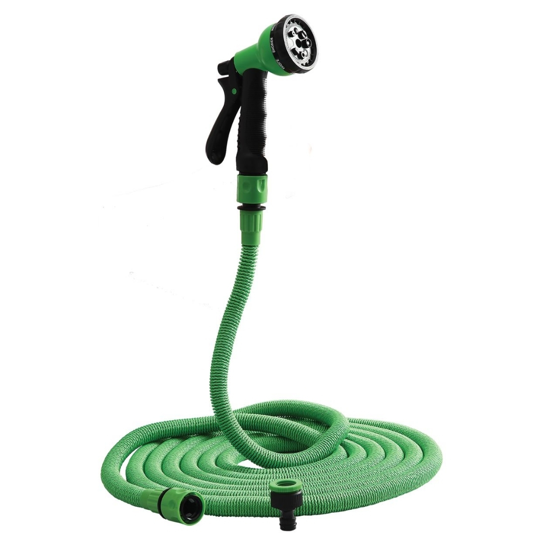 Flexibilná hadica na polievanie strend pro 75-225 metrov zelená | záhradníctvo garden team Green adjustable spray nozzle attached to a flexible coiled hose ready for watering plants