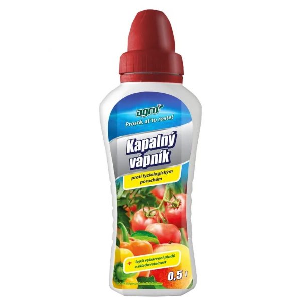 Lahvička kapalného vápníku od Agro, určená pro zlepšení kvality a skladovatelnosti plodů (0,5 l).