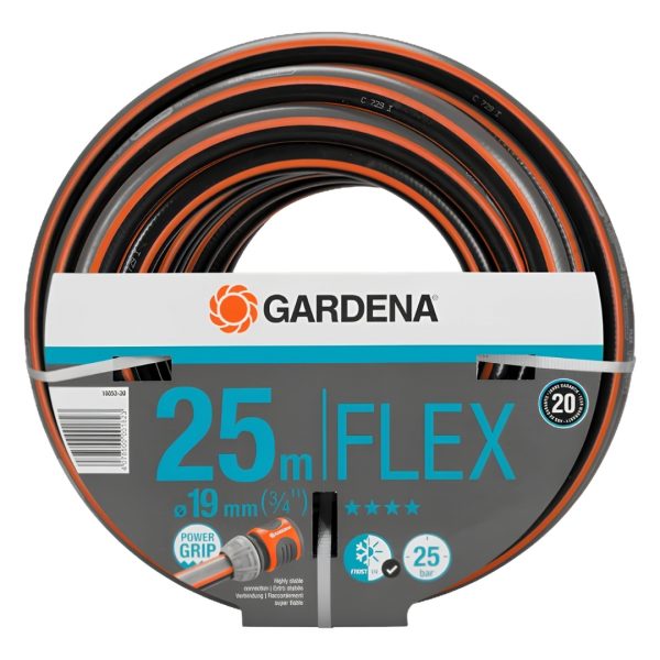 Zvinutá čierno-oranžová záhradná hadica Gardena Flex Comfort 3/4″ 25m