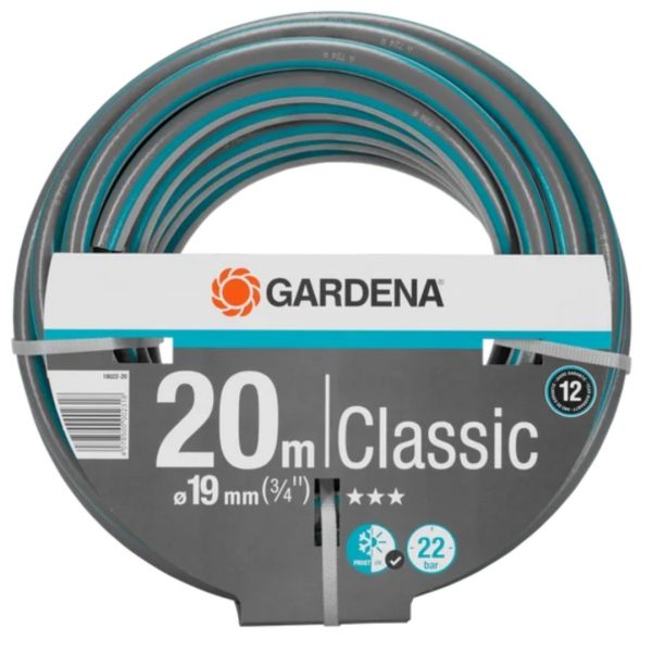 Gardena Classic garden hose, 20 m long, 19 mm (3/4 in) diameter, coiled with teal and gray accents.