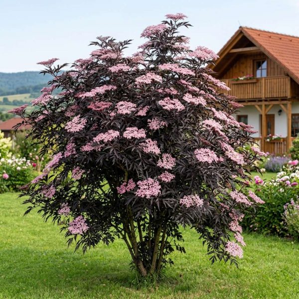 Dark purple-leaved shrub with pink flower clusters in a well-kept garden, wooden house visible in the background.