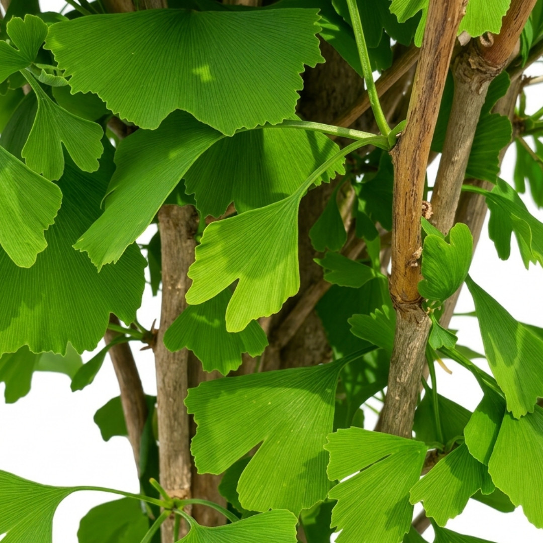 Ginkgo biloba fastigiata selvans 02 | záhradníctvo garden team Detail na sýtozelené vejárovité listy a drevnaté stonky okrasného stromu ginkgo biloba fastigiata selvans