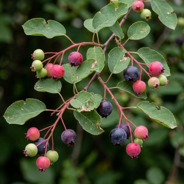 Branches with clusters of green, pink, and dark purple berries on red stems among green oval leaves.