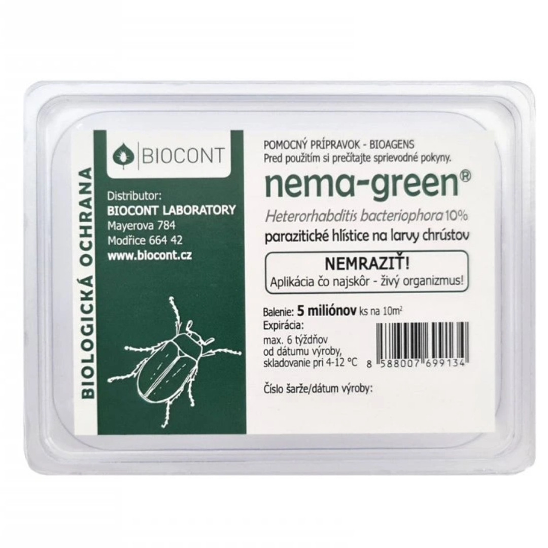 Nemagreen parazitické háďatká proti larvám chrústa obyčajného 5 mil | záhradníctvo garden team Nemagreen parazitické háďatká proti larvám chrústa obyčajného 5 mil v plastovom balení s ilustráciou chrobáka