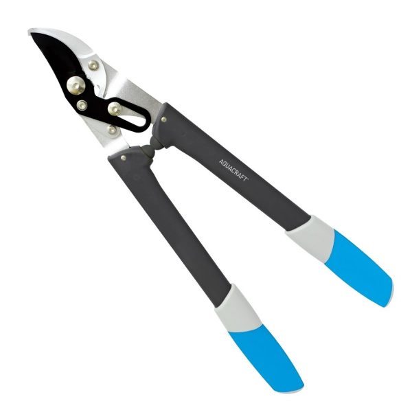 Pruning shears with gray and blue handles and metal blades for trimming plants.