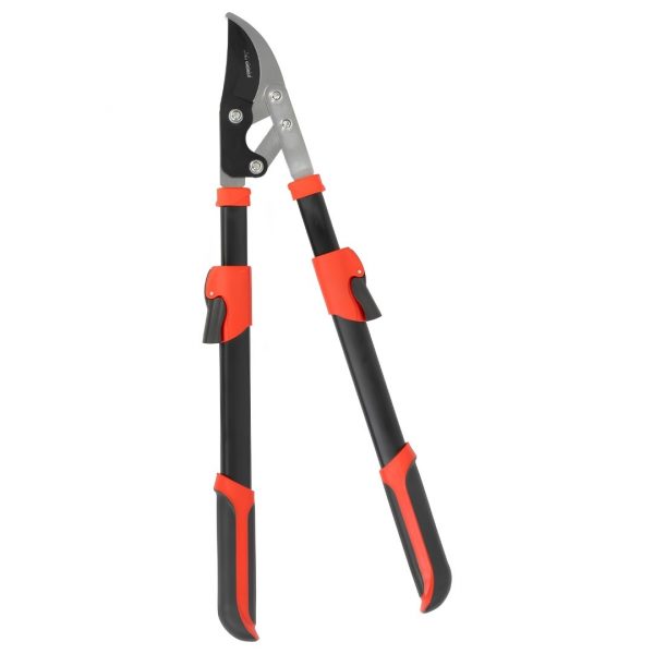 Long-handled pruning shears with black and orange handles and a curved blade for trimming branches.
