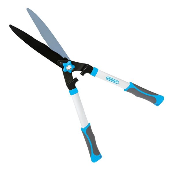 Nožnice na živý plot Aquacraft 371213 s modro-sivou ergonomickou rukoväťou.