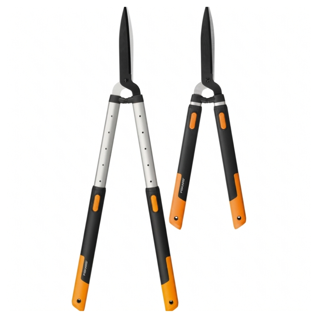Nožnice na živý plot fiskars hs86 smartfit teleskopické 02 | záhradníctvo garden team Nožnice na živý plot fiskars hs86 smartfit teleskopické v zasunutej aj maximálne vysunutej dĺžke