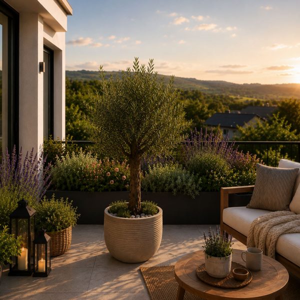 Cozy balcony garden at sunset with a potted olive tree, lavender, and comfortable seating overlooking rolling hills.