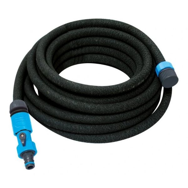 Zvinutá čierna priesaková hadica Aquacraft 1/2", 15m s modrými rýchlospojkami na efektívne zavlažovanie