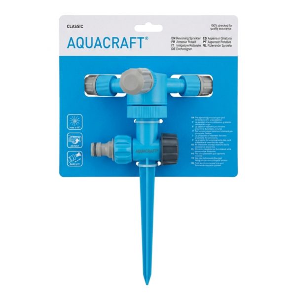 Modrý rotačný postrekovač AQUACRAFT® 270161 s plastovým bodcom na zapichnutie v originálnom balení.