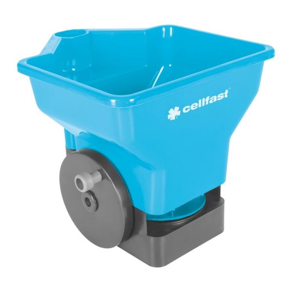 Blue plastic hopper/spreader for garden use on a wheeled gray base, with Cellfast branding on the side.