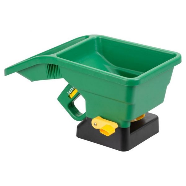 Zelené ručné rozmetadlo hnojiva a semien Goodfarm 3l so žltou kľukou a ergonomickou rukoväťou.