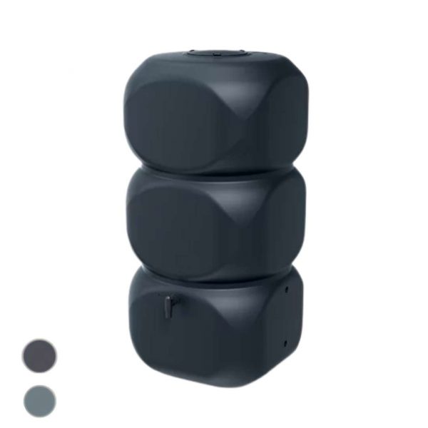 Three stacked, dark blue-gray rounded modules forming a tall column; a small round disc sits to the left.