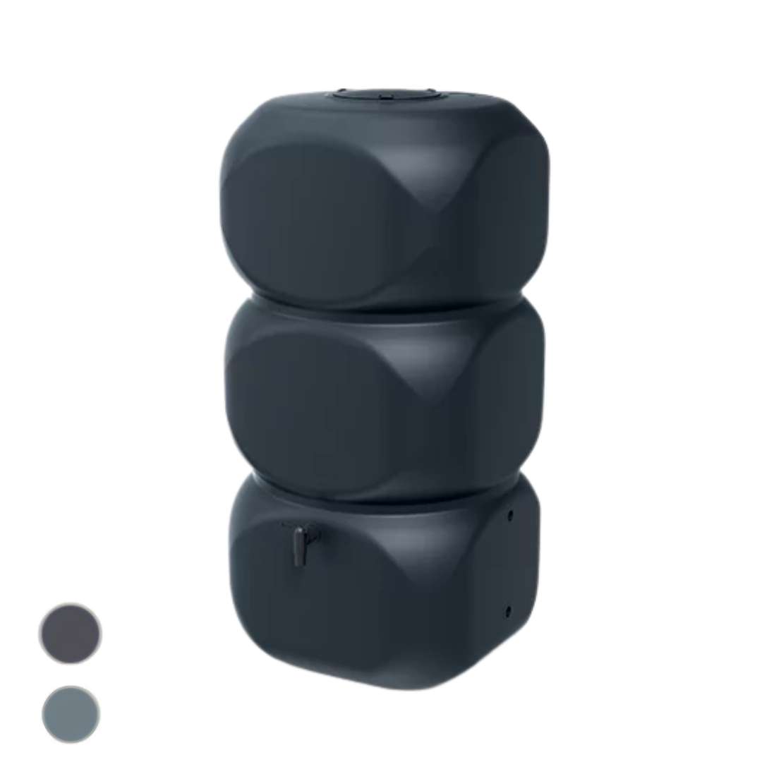 Sud na dažďovú vodu gubo 320l | záhradníctvo garden team Three stacked dark blue gray rounded modules forming a tall column a small round disc sits to the left