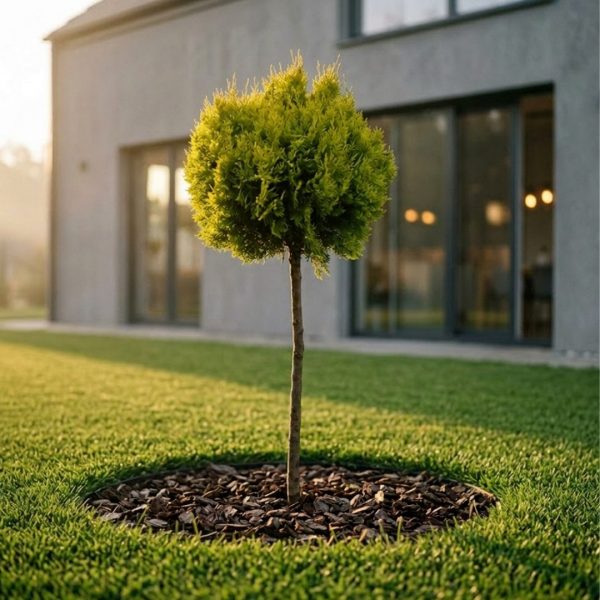 Zlatistá tuja na kmienku – Thuja Compacta Aurea s guľatou korunou zasadená v modernom záhradnom trávniku pri dome