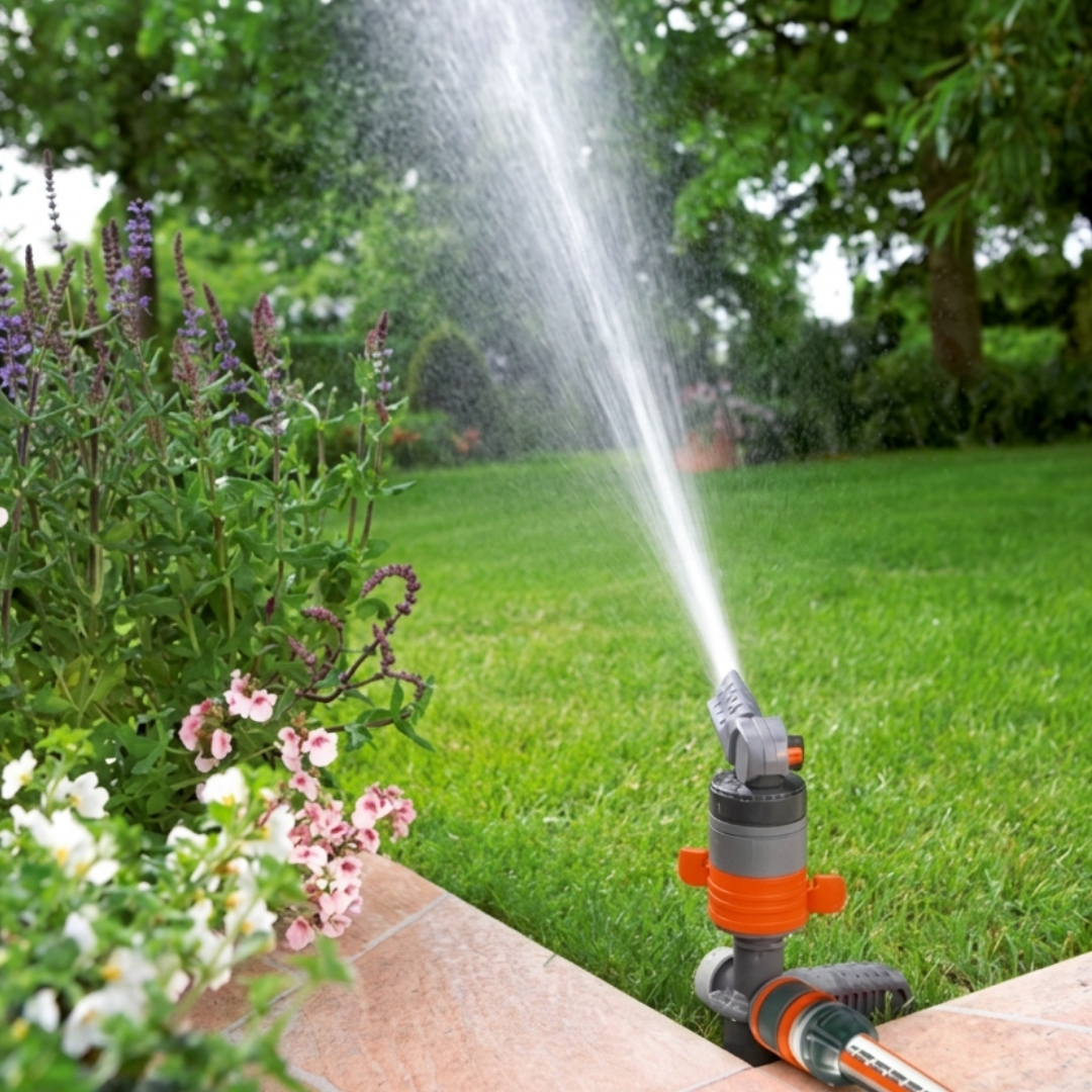 Turbínový postrekovač gardena comfort 03 | záhradníctvo garden team Sivooranžový turbínový postrekovač gardena comfort strieka prúd vody na zelený trávnik pri záhone s kvetmi