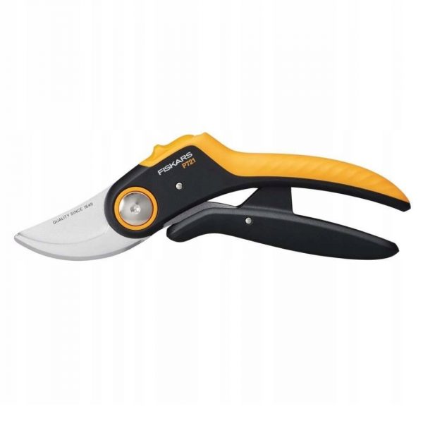 Orange-and-black Fiskars pruning shear with curved blade for garden pruning