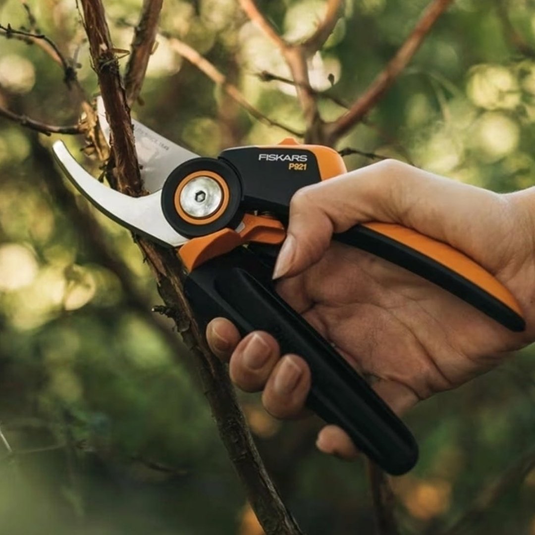 Záhradné nožnice fiskars x-series p921 02 | záhradníctvo garden team Ergonomické záhradné nožnice fiskars x series p921 v ruke pri presnom strihaní konárov v záhrade