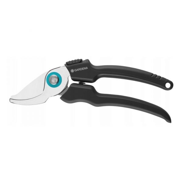 Čierne ergonomické záhradné nožnice Gardena EcoLine s tyrkysovým detailom na striebornej čepeli.