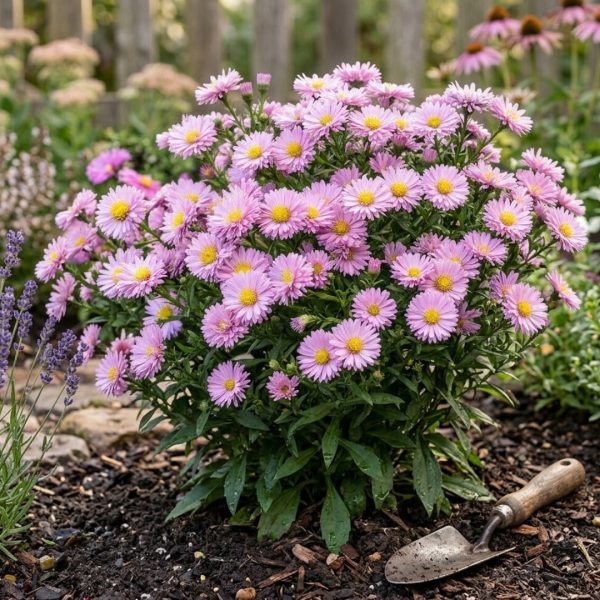 Lavender-pink daisy-like flowers in a rounded shrub, yellow centers, in a garden bed with a trowel nearby.