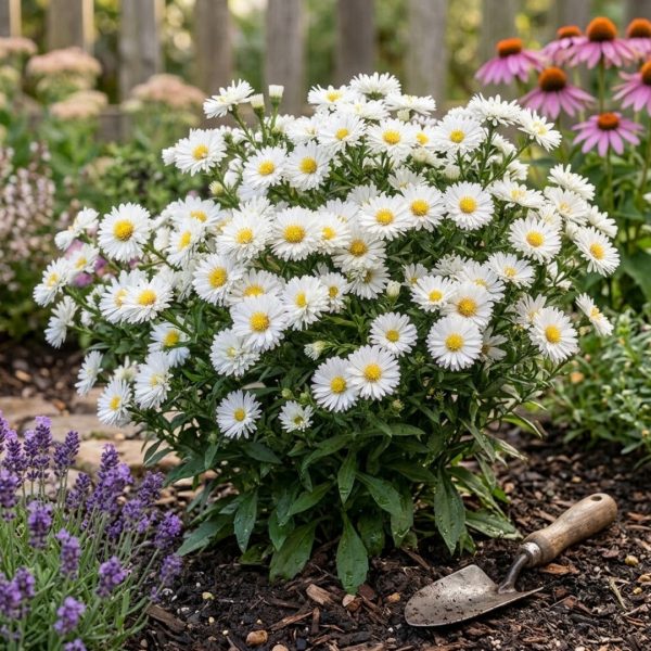 Bushy plant of white daisies with yellow centers in a garden bed, a trowel resting in the mulch nearby.