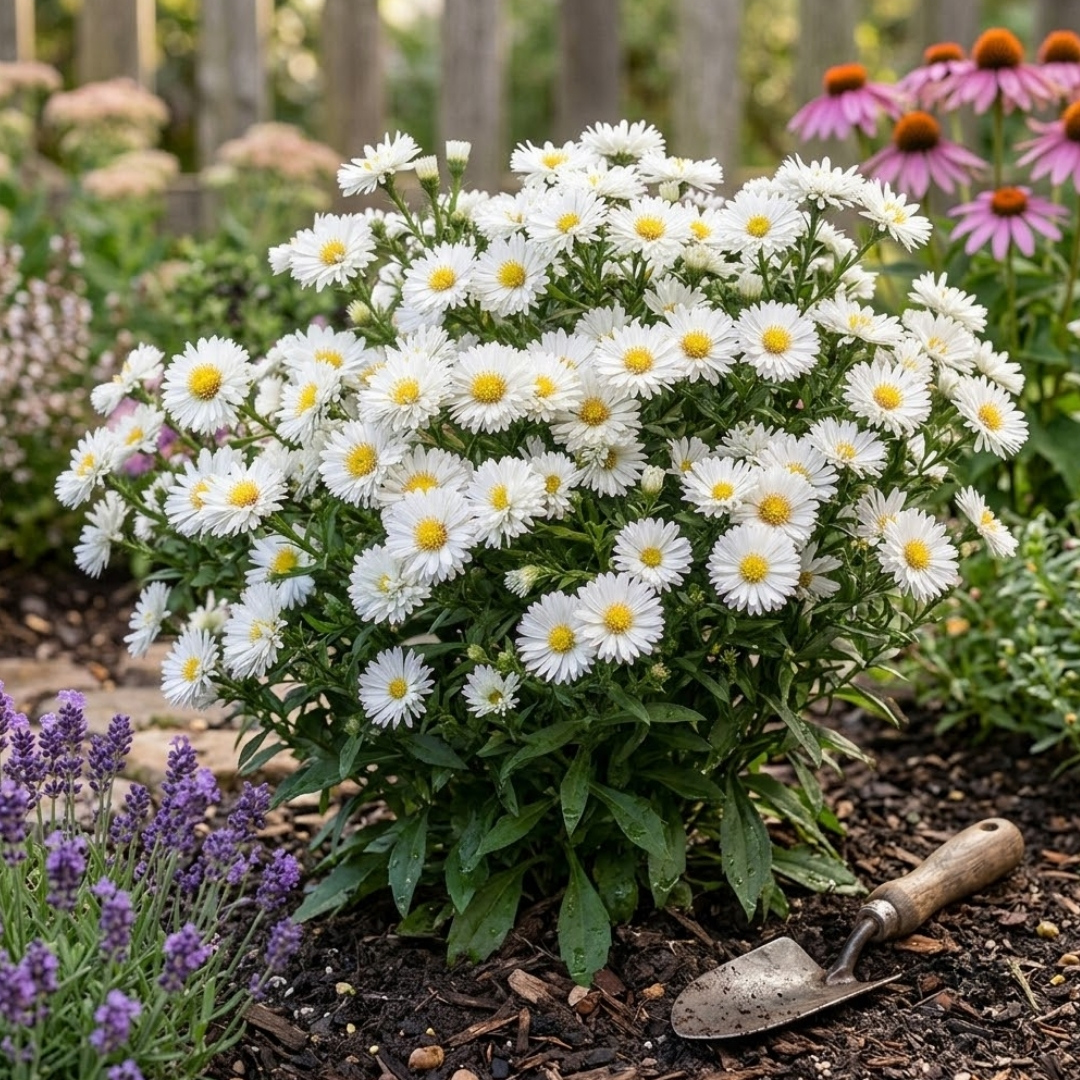 Astra krovitá white 01 | záhradníctvo garden team Bushy plant of white daisies with yellow centers in a garden bed a trowel resting in the mulch nearby