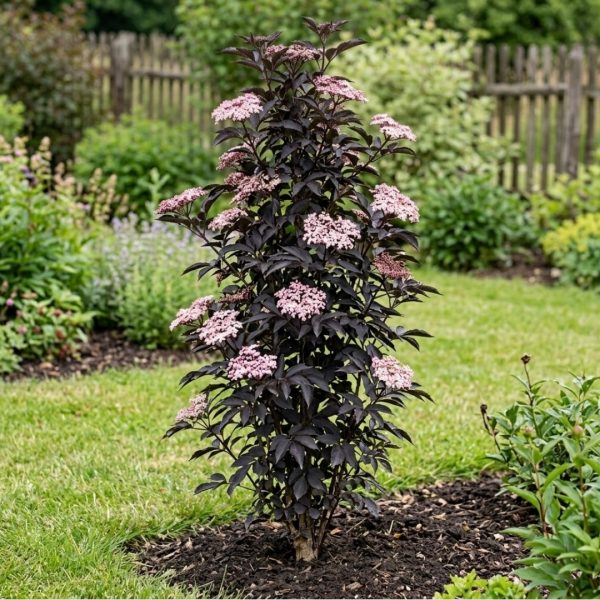 Purple-leaved ornamental shrub with pink flower clusters in a garden bed against a wooden fence backdrop.