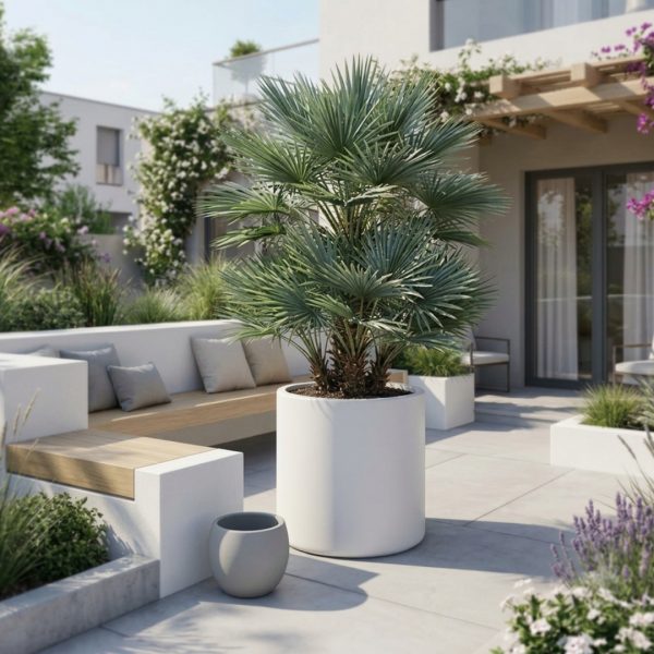 Hustá stredomorská palma Chamaerops humilis Vulcano v bielom kvetináči na modernej záhradnej terase.