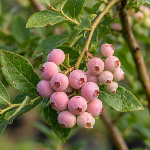 Dozrievajúce ružové bobule čučoriedky kanadskej Pink Bonbons v bohatom strapci na zelenom kríku.