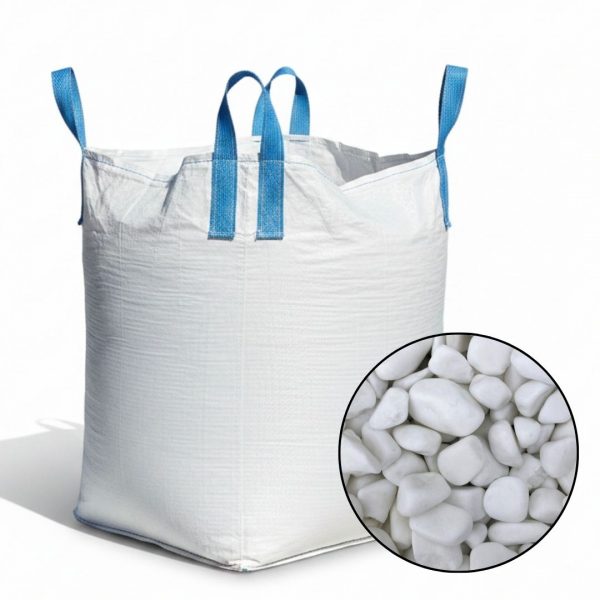 Dekoračný okruhliak thassos white 01 | záhradníctvo garden team Veľkoobjemový big bag a kruhový detail na snehobiely dekoračný okrúhliak thassos white
