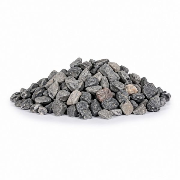 Pile of small gray gravel stones on a white background.