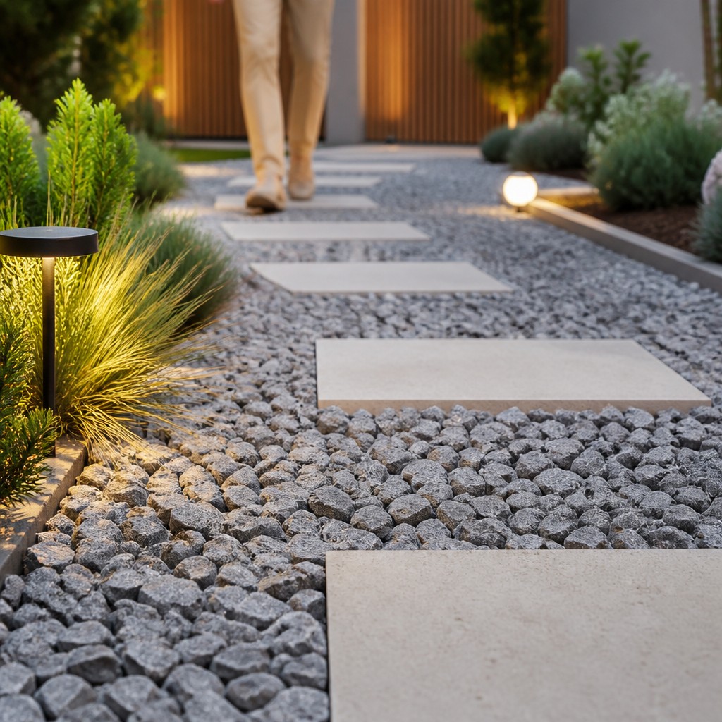 Dekoračný štrk dark stone 02 | záhradníctvo garden team Sivý dekoračný štrk dark stone v modernom záhradnom dizajne s nášľapnými platňami a teplým osvetlením