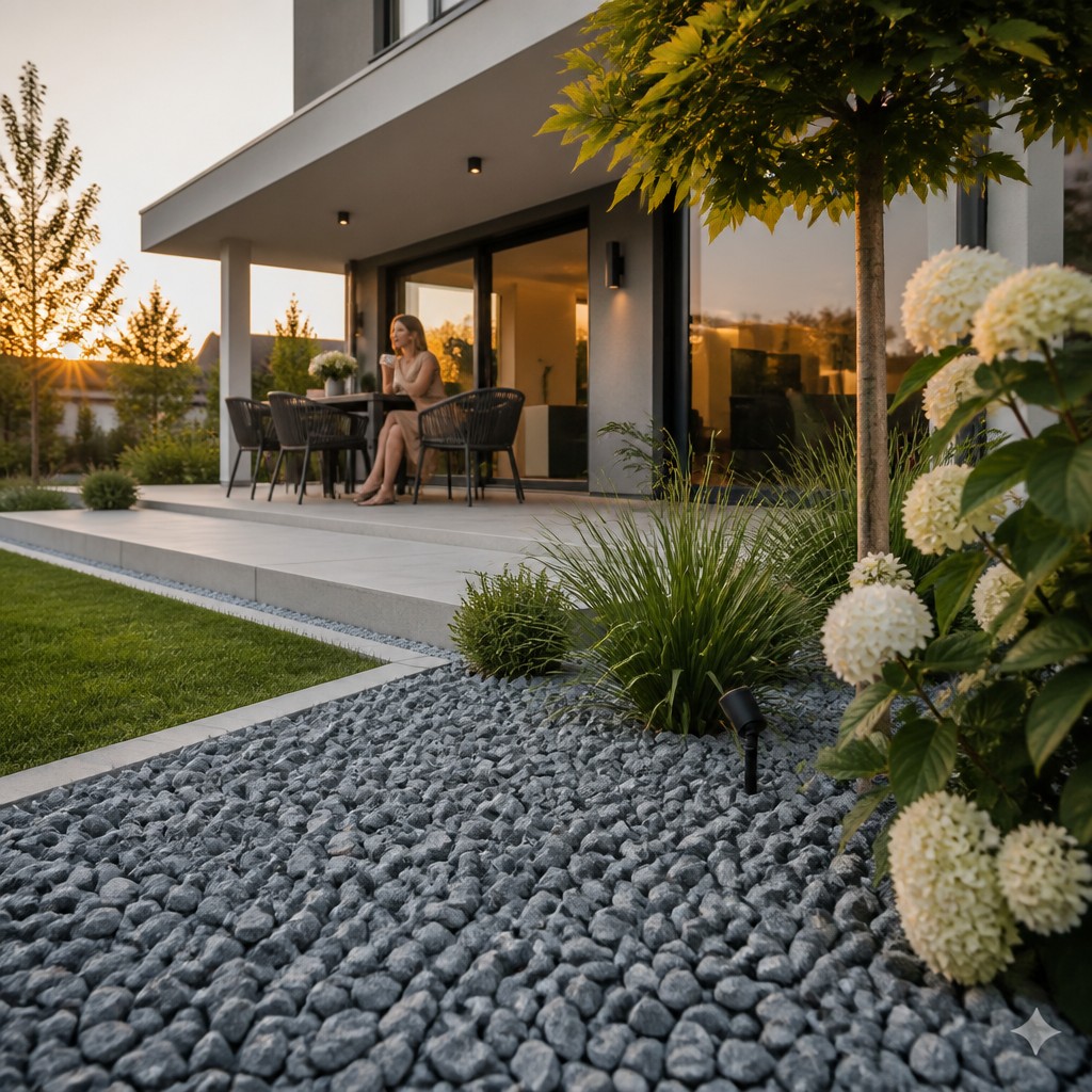 Dekoračný štrk dark stone 03 | záhradníctvo garden team Sivý dekoračný štrk dark stone použitý na obsypanie záhona pri terase moderného domu s výsadbou