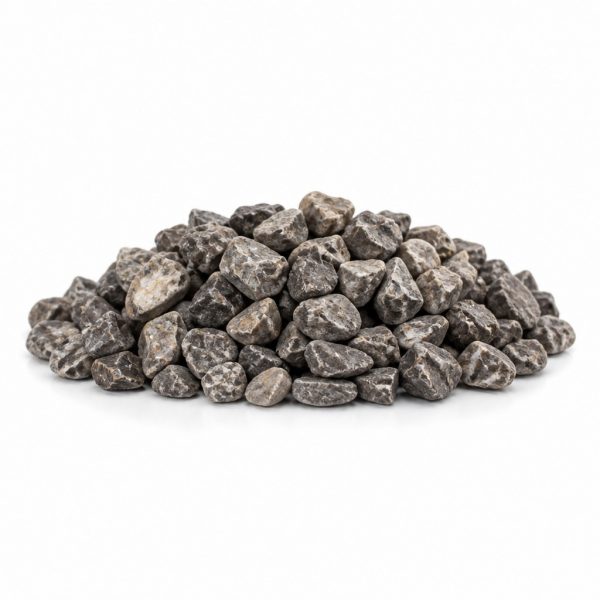 Pile of gray gravel stones on a white background.