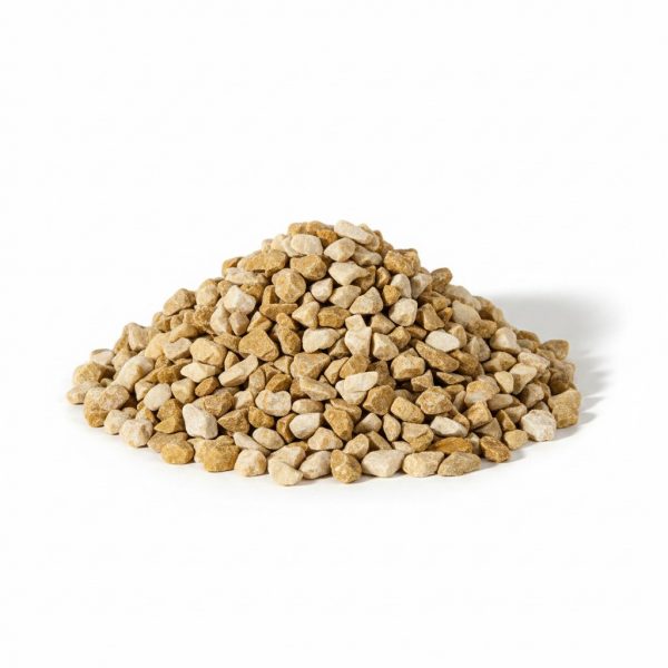Pile of small beige and tan pebbles on a white background, forming a mound for landscaping material