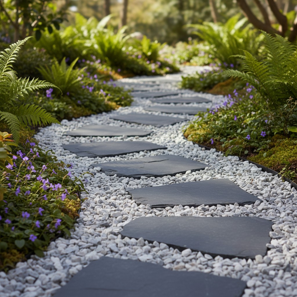 Dekoračný štrk ice blue 02 | záhradníctvo garden team Stone stepping path winding through a lush garden with white gravel and green ferns on both sides