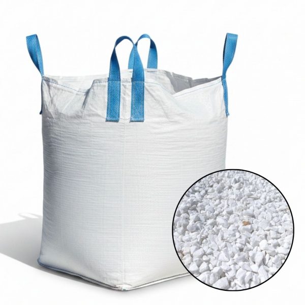 Dekoračný štrk thassos white 01 | záhradníctvo garden team Dekoračný štrk thassos white big bag s modrými popruhmi a kruhovým výrezom detailu bielych mramorových kamienkov