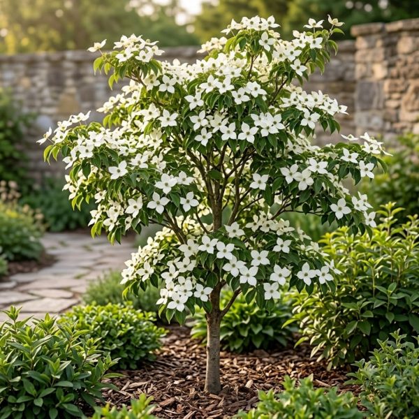 Small ornamental flowering tree with clusters of white blossoms and green leaves in a landscaped garden with mulch and a stone path in the background.