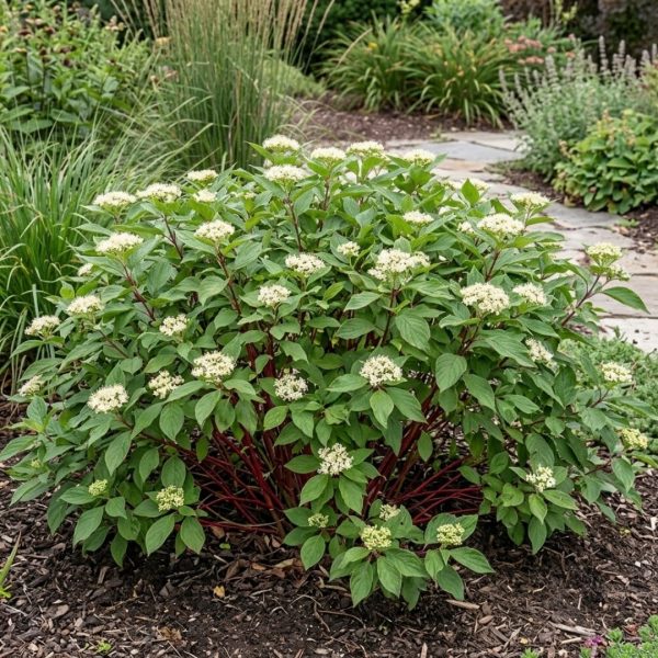 Ornamental shrub with red stems, green leaves, and white flower clusters in a garden bed.