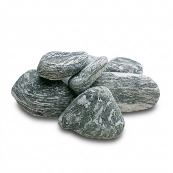 Cluster of smooth gray-blue pebbles with white veining on a white background, arranged in a small pile.