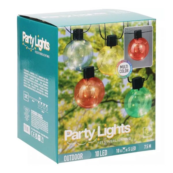 Tyrkysové balenie s nápisom Party Lights vyobrazuje farebné guľové žiarovky svietiace na pozadí stromov.