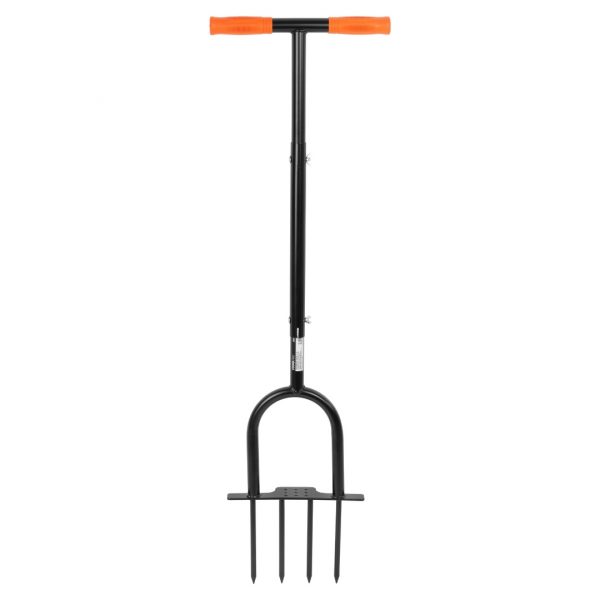 Four-prong garden fork with a long black handle and orange grip handles.
