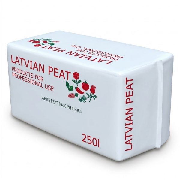 Biele lisované 250l balenie s produktom Rašelina neutrálna 10-30 mm Baltvia na pestovanie rastlín.