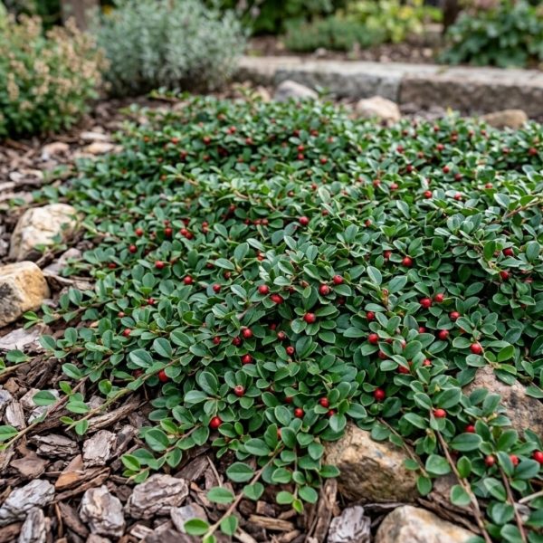 Low-growing evergreen groundcover with small oval leaves and red berries in a mulched garden bed.