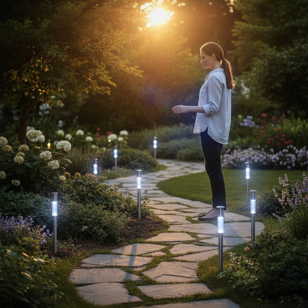 Solárna lampa progarden vysoká 02 | záhradníctvo garden team Svietiace strieborné solárne lampy lemujúce kamenný chodník v záhrade počas západu slnka so stojacou ženou