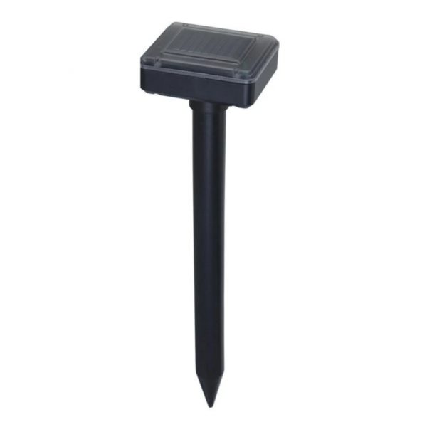 Solar-powered garden stake light with a rectangular top solar panel and a black stake for outdoor lighting.