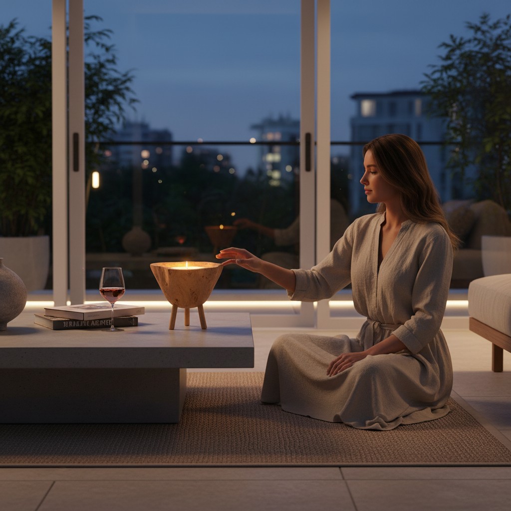 Sviečka v teakovej mise natural 03 | záhradníctvo garden team Woman in a gray robe sits on a rug and reaches toward a lit wooden bowl on a low coffee table