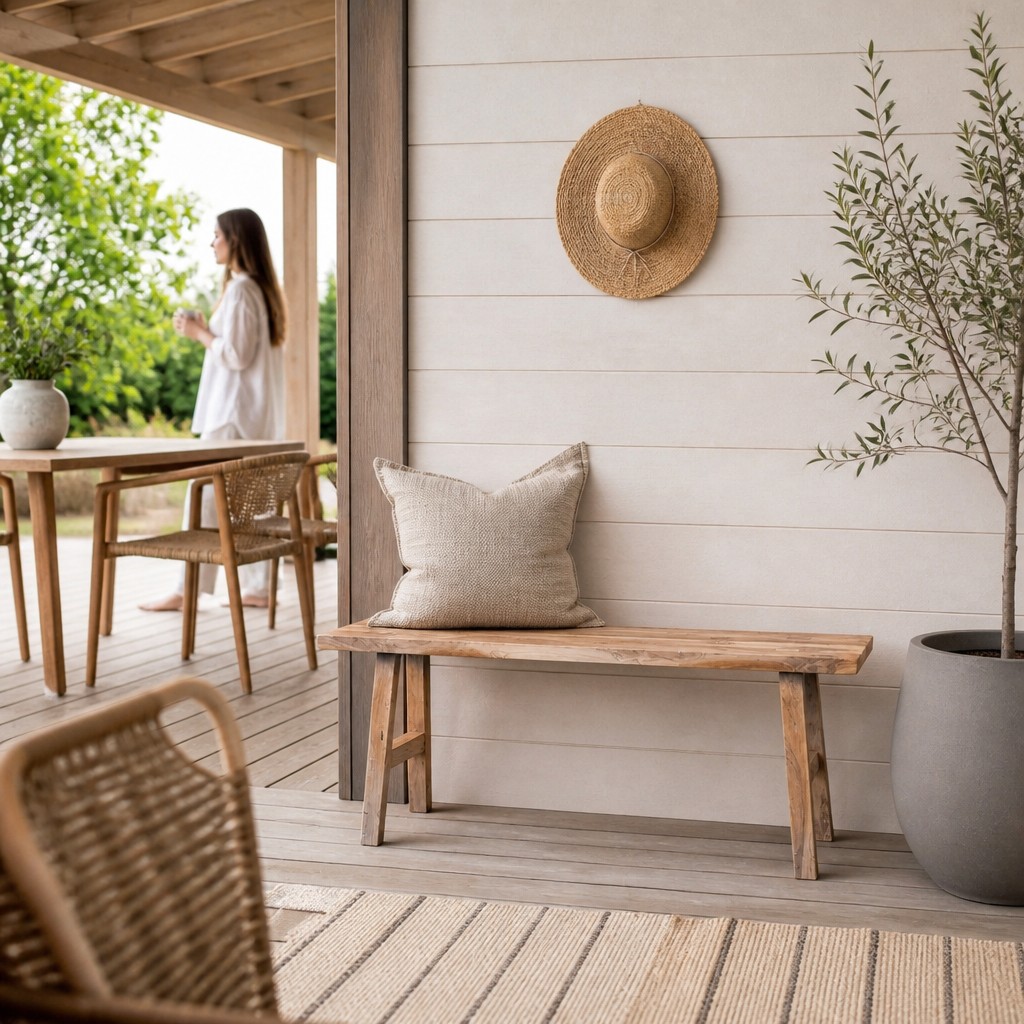 Teaková lavička 03 | záhradníctvo garden team Teaková lavička s béžovým vankúšom na svetlej drevenej terase vedľa olivovníka v kvetináči